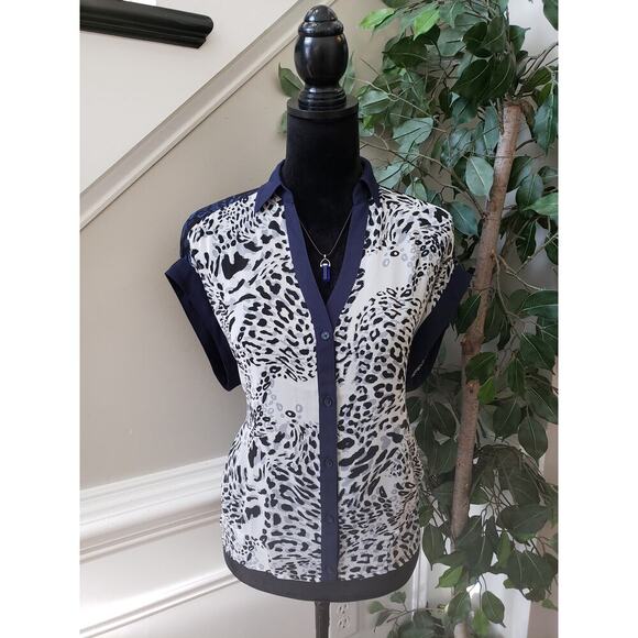 Express Botton Down Shirt Women's Size Small Blue Beige Leopard Chiffon Collared - Picture 1 of 11